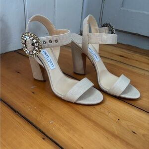 Jimmy Choo Beige Crystal-Buckle Block Heel Sandals